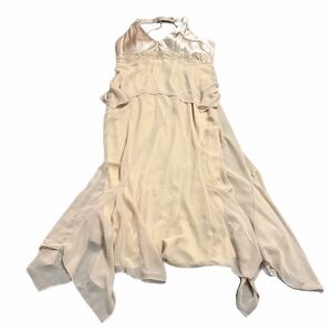 90s Vintage Grecian Goddess Beaded Asymmetrical Maxi Dress (Champagne) Size L